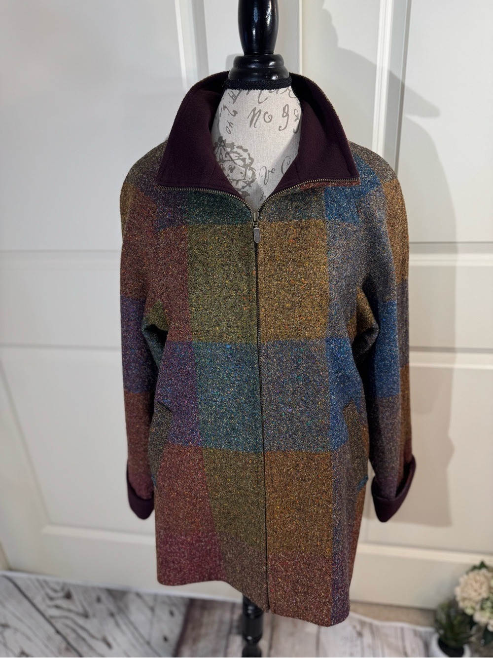 Avoca Vintage Irish Wool Multicolor Checked Zip-Front Coat IRL/UK 14 (US 10-L)
